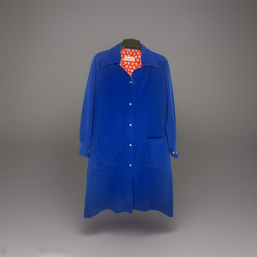 Vintage 60s 70s Evelyn Pearson Blue House Dress Pearl Snap Size M